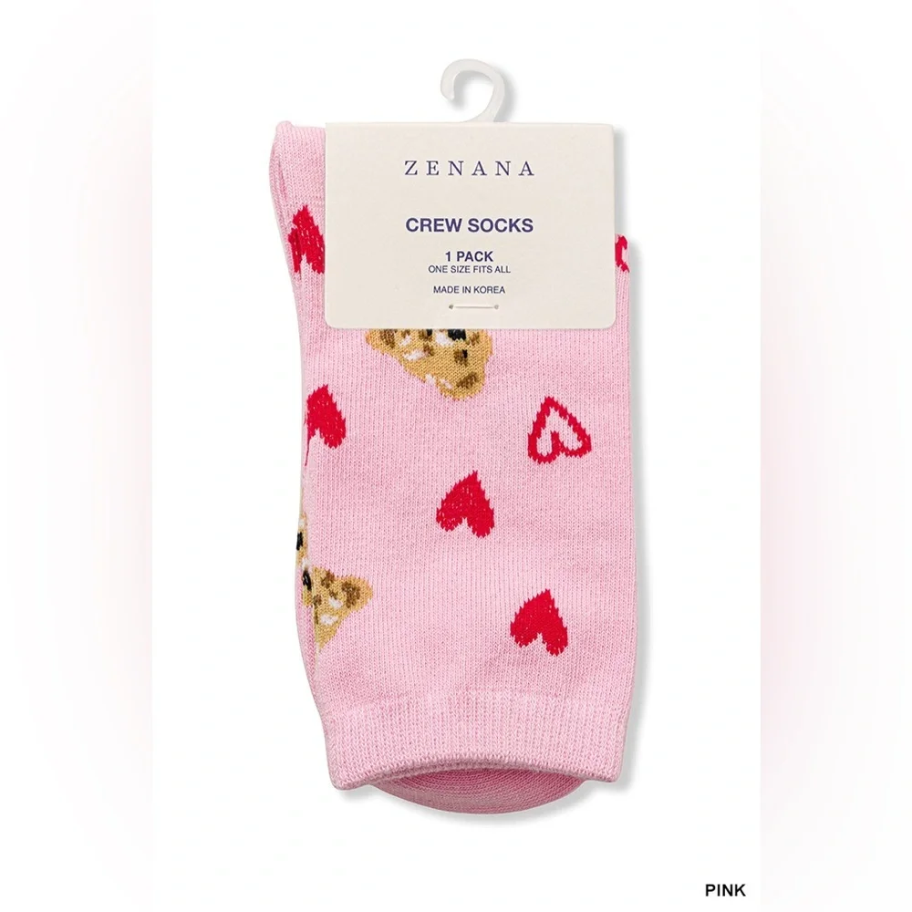NWT Zenana White & Pink Teddy Bear Heart Crew Socks Cozy Cute Gift One Size